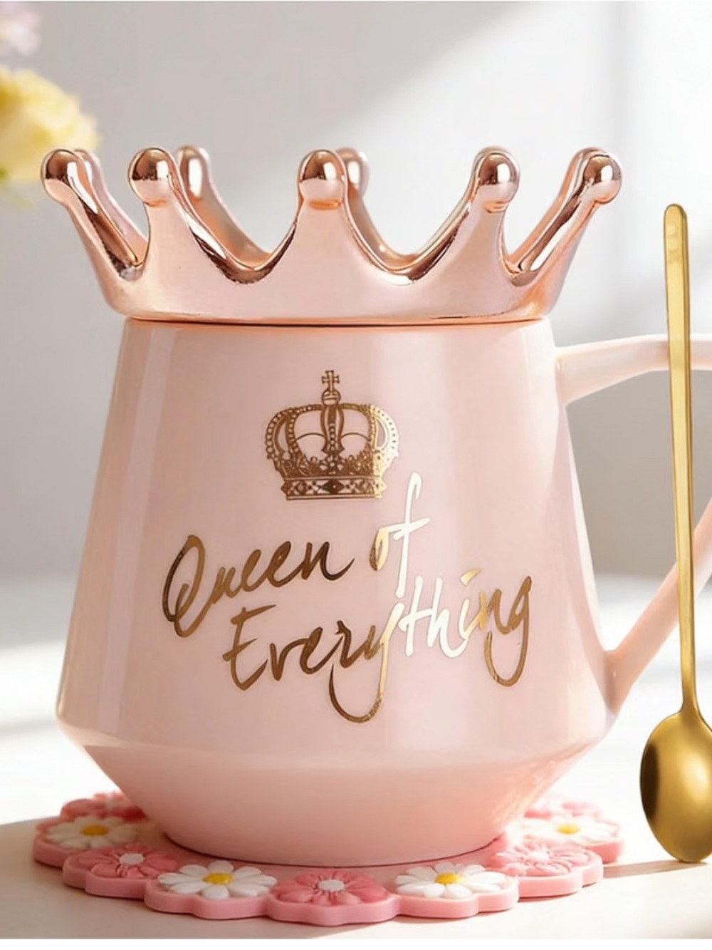 Queen of Everything Pink Ceramic Mug Set with Crown Lid, Spoon & Coaster – New